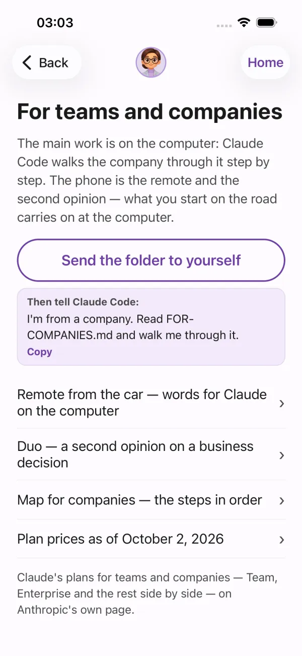 Poly A1, the For teams and companies screen: the words for Claude Code on the computer, remote from the car, Duo for a business decision, map for companies, plan prices with their date.