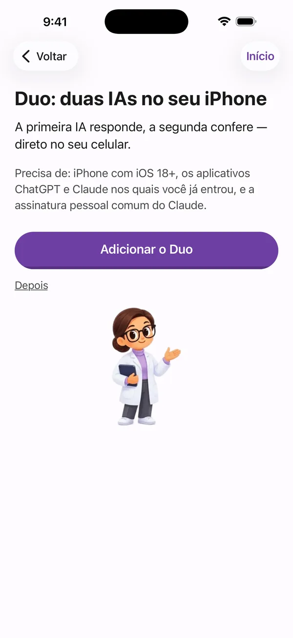 Poly A1, a tela Duo: duas IAs no seu iPhone, a primeira responde, a segunda confere.